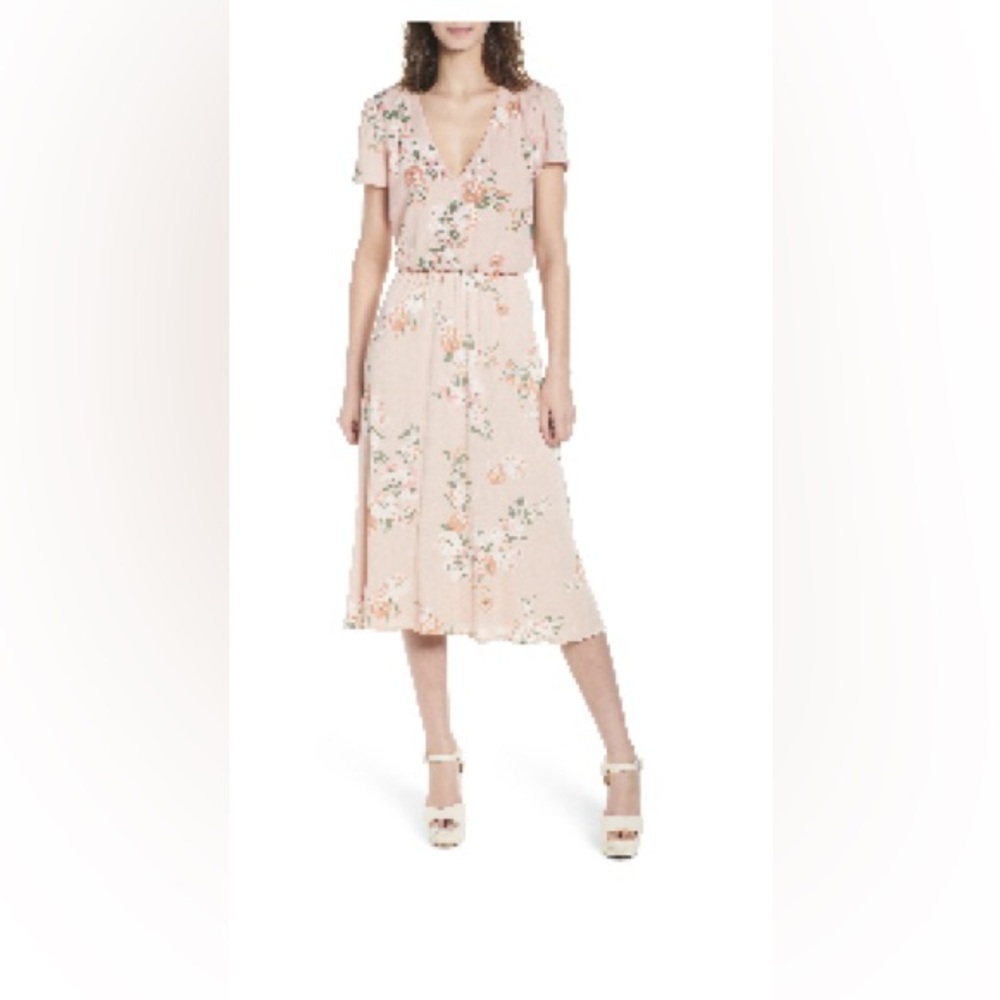 WAYF Blouson Midi Dress Blush Peach Floral, Size Small
